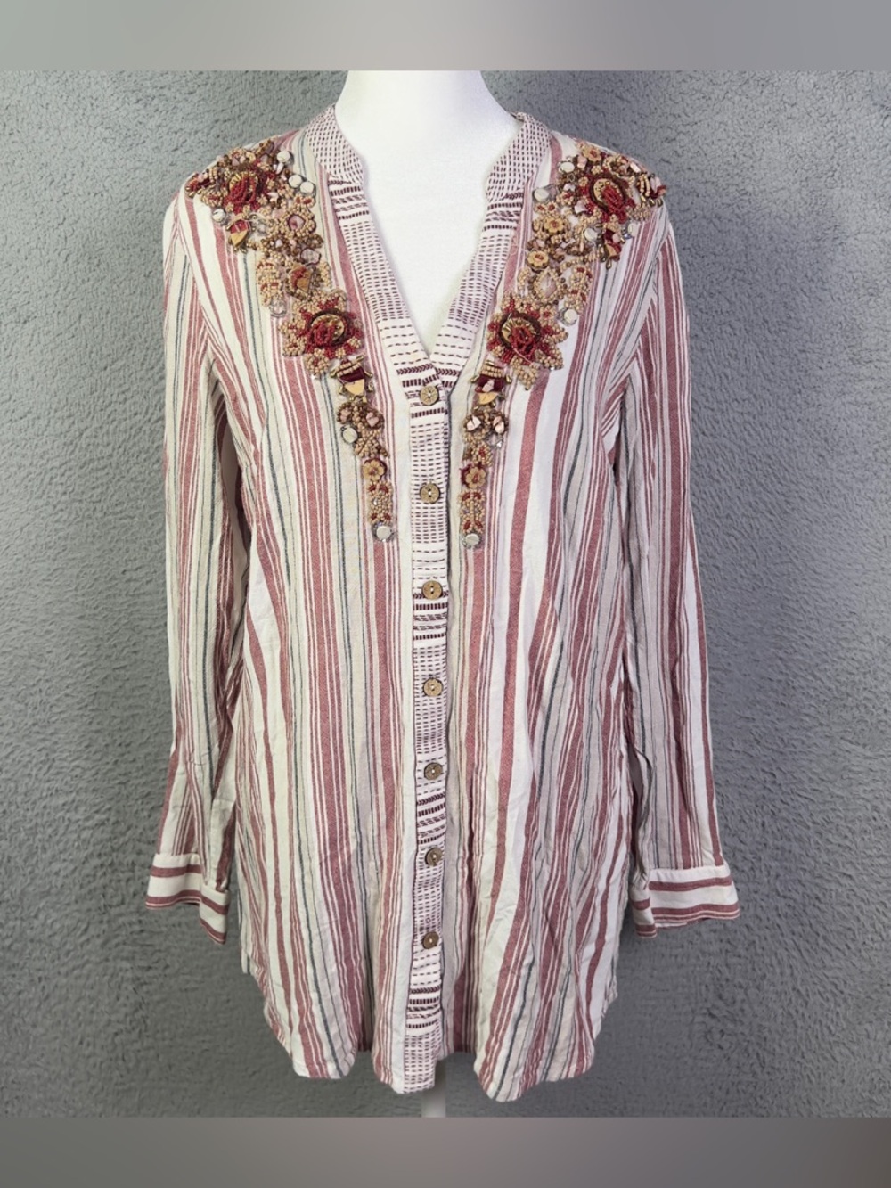 Soft Surroundings Top Womens Medium Multicolor Striped Embellished Button Preppy